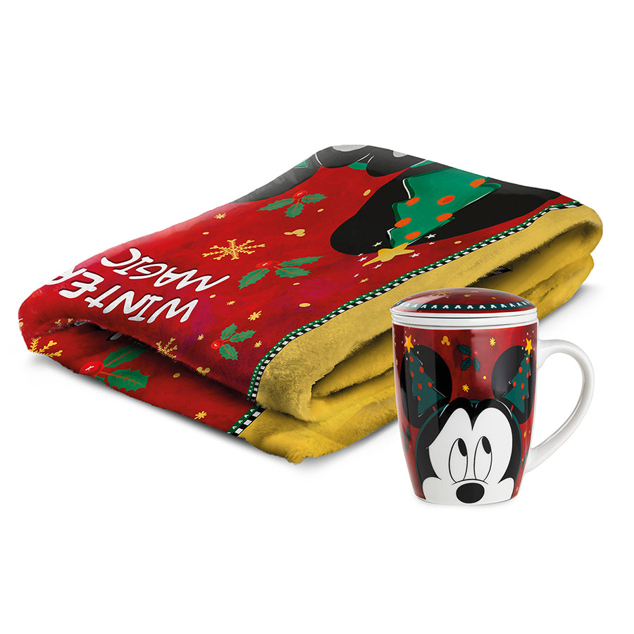 Set Plaid in poliestere e Tisaniera in porcellana decorata Mickey Mouse WINTER MAGIC Disney Egan