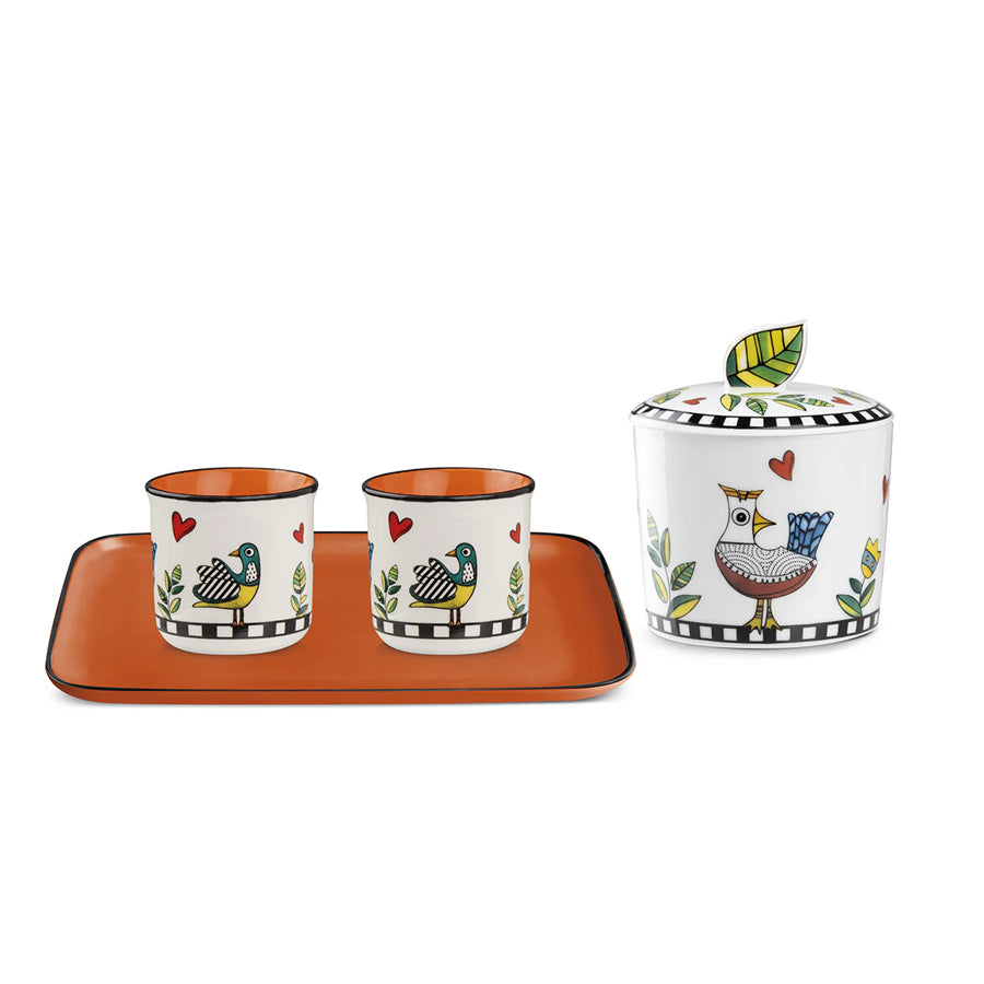 Set Vassoio con 2 Bicchierini e Zuccheriera in porcellana decorata "COCORICO'" Egan