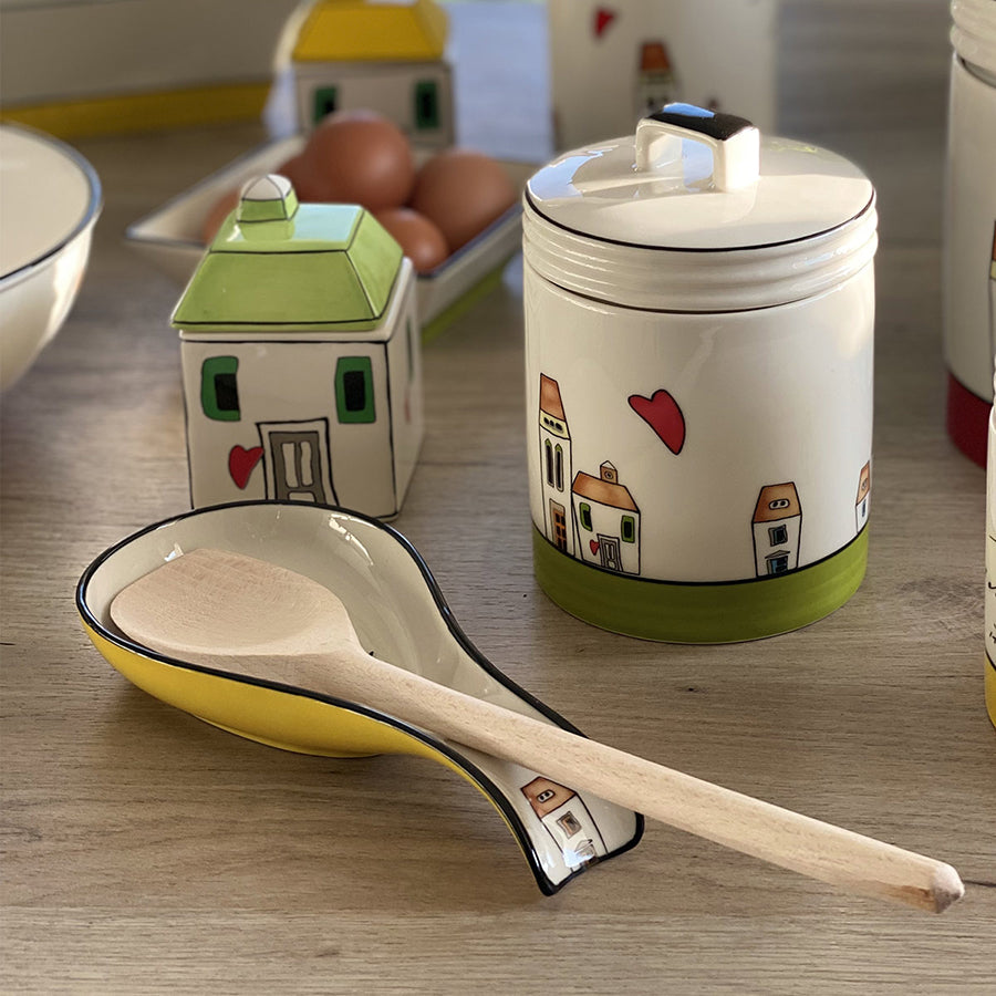 Set Canovaccio in cotone e Poggiamestolo in ceramica decorata LE CASETTE Egan