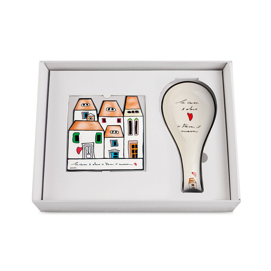 Set Poggiamestolo e Sottopentola in ceramica decorata LE CASETTE Egan