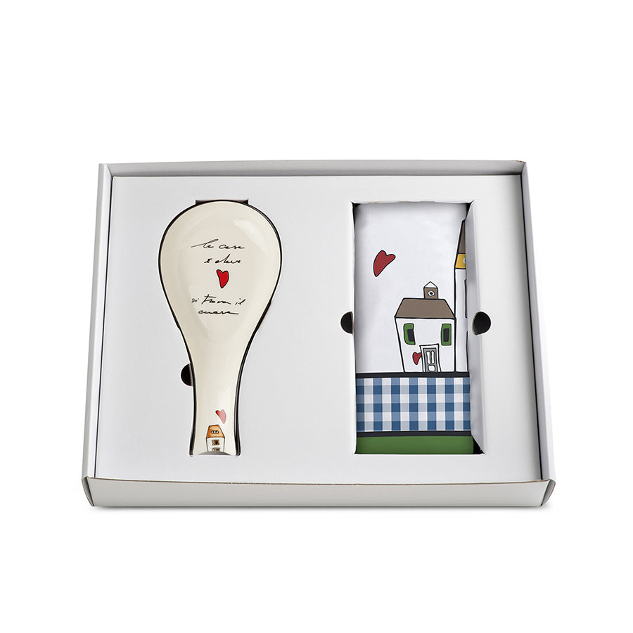 Set Canovaccio in cotone e Poggiamestolo in ceramica decorata LE CASETTE Egan