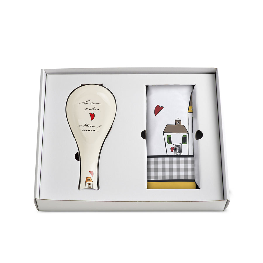 Set Canovaccio in cotone e Poggiamestolo in ceramica decorata LE CASETTE Egan