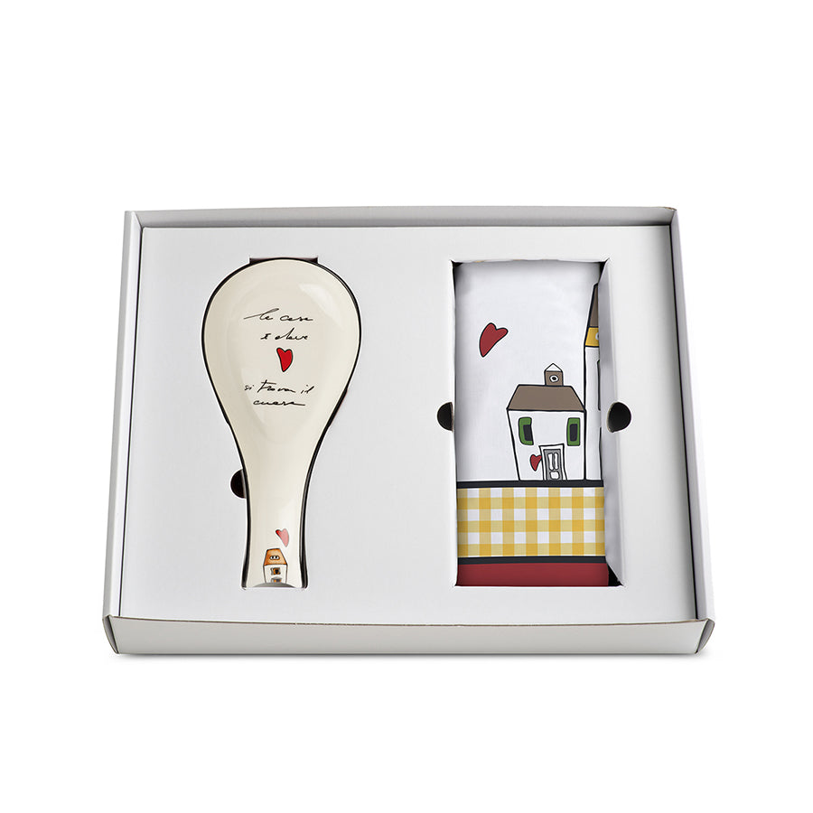 Set Canovaccio in cotone e Poggiamestolo in ceramica decorata LE CASETTE Egan