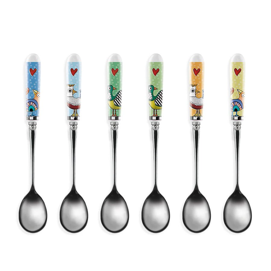 Set 6 Cucchiaini in acciaio e ceramica decorata "COCORICO'" Egan