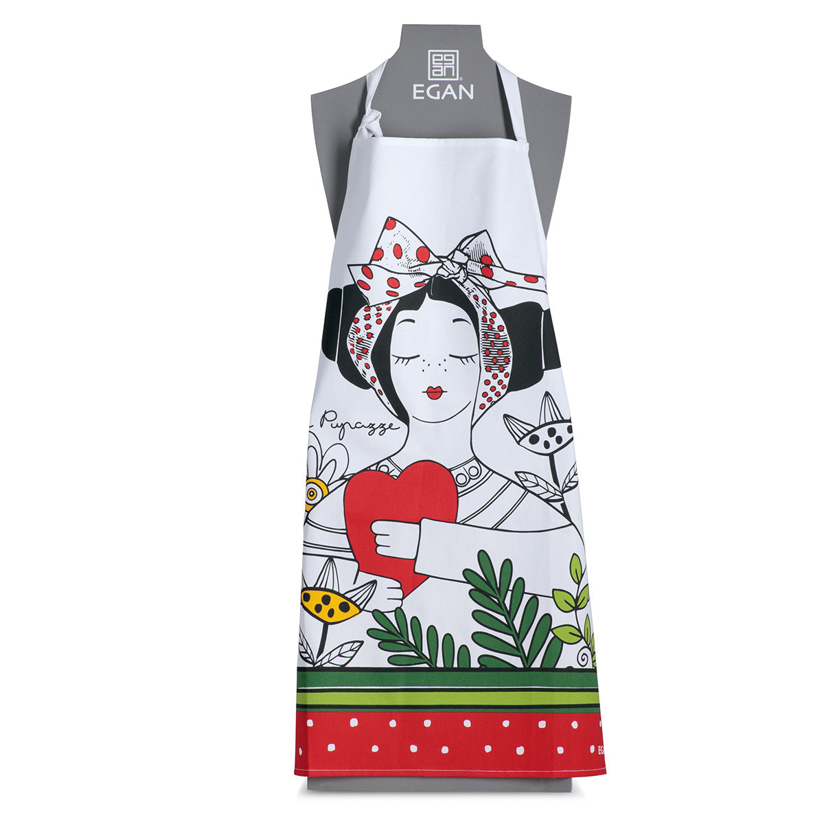 Set Grembiule in cotone stampato, Sottopentola e Poggiamestolo in ceramica smaltata Rosso "LE PUPAZZE" Egan