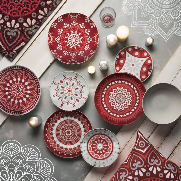 Servizio 18 pz piatti in porcellana decorata Excelsa MANDALA RED