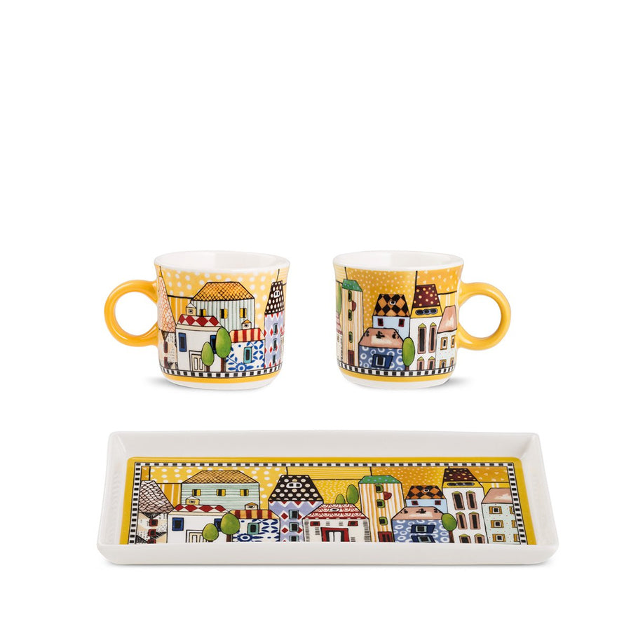 Set 2 tazzine caffè con vassoio in porcellana decorata PAESE MIO Egan