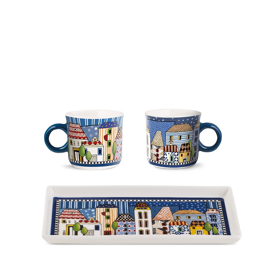 Set 2 tazzine caffè con vassoio in porcellana decorata PAESE MIO Egan