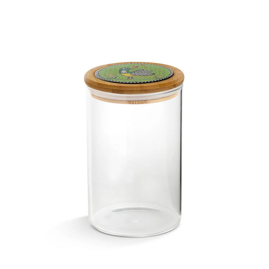 Barattolo in vetro borosilicato e coperchio in bamboo e ceramica decorata "COCORICO'" Egan