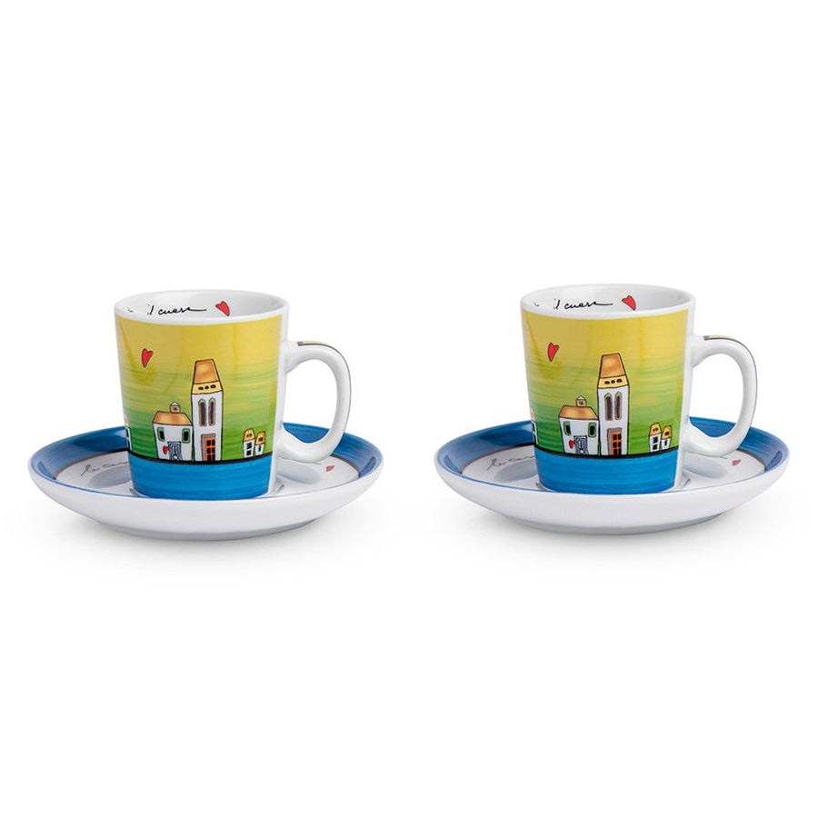 Set 2 tazze caffè con piattino in porcellana decorata LE CASETTE Egan