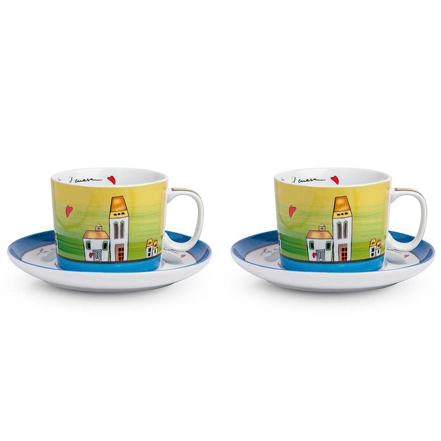 Set 2 tazze colazione con piatto in porcellana decorata LE CASETTE Egan