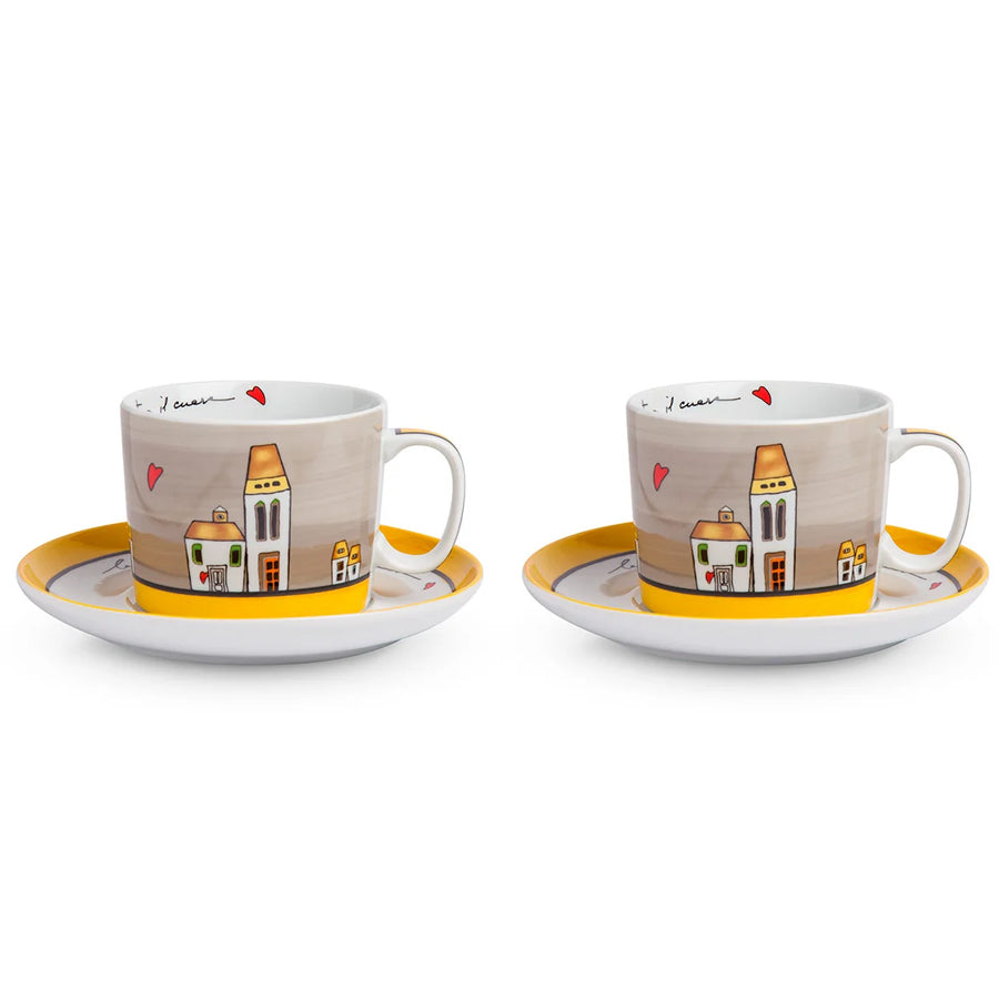 Set 2 tazze colazione con piatto in porcellana decorata LE CASETTE Egan