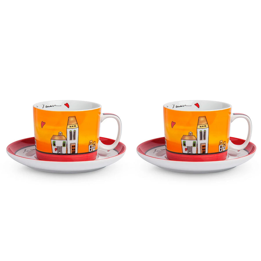 Set 2 tazze colazione con piatto in porcellana decorata LE CASETTE Egan