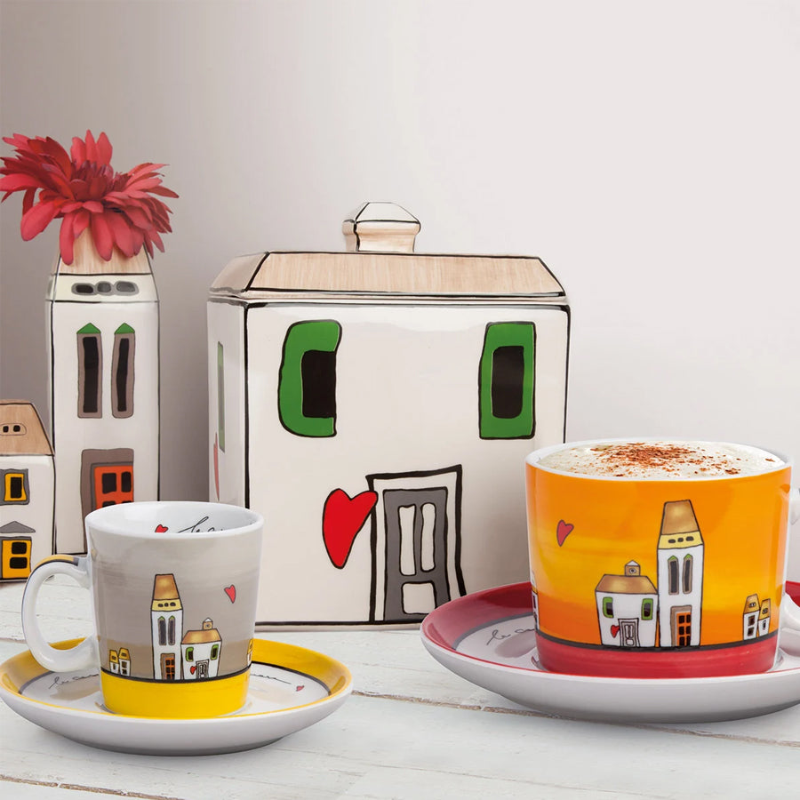 Set 2 tazze colazione con piatto in porcellana decorata LE CASETTE Egan