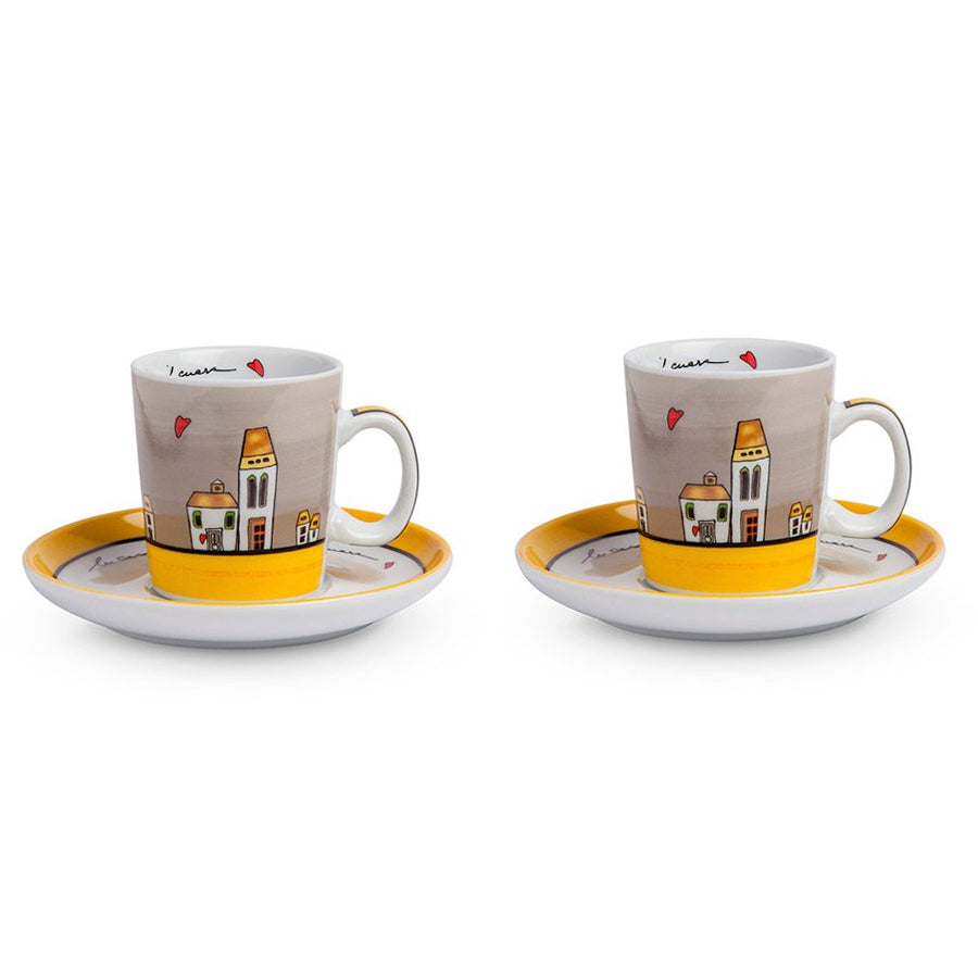 Set 2 tazze caffè con piattino in porcellana decorata LE CASETTE Egan