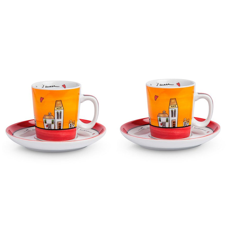 Set 2 tazze caffè con piattino in porcellana decorata LE CASETTE Egan