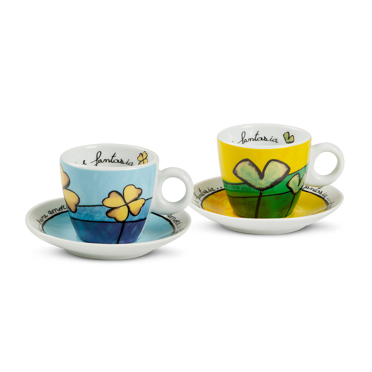 Set 2 tazze caffè con piattino in porcellana decorata PANE AMORE E FANTASIA Egan