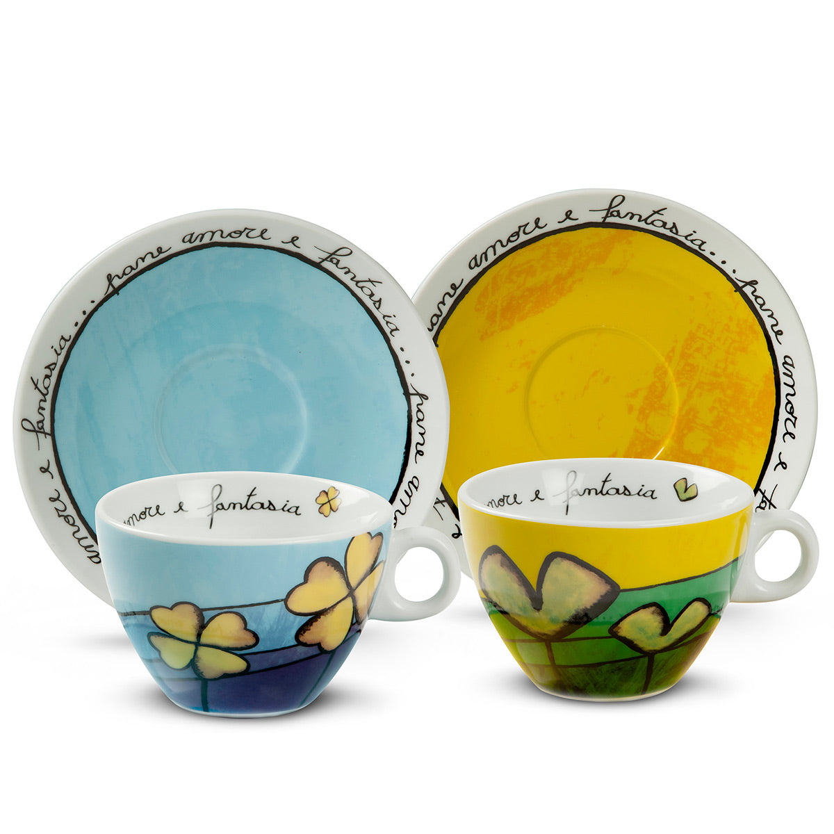 Set 2 tazze cappuccino con piattino in porcellana decorata PANE AMORE E FANTASIA Egan