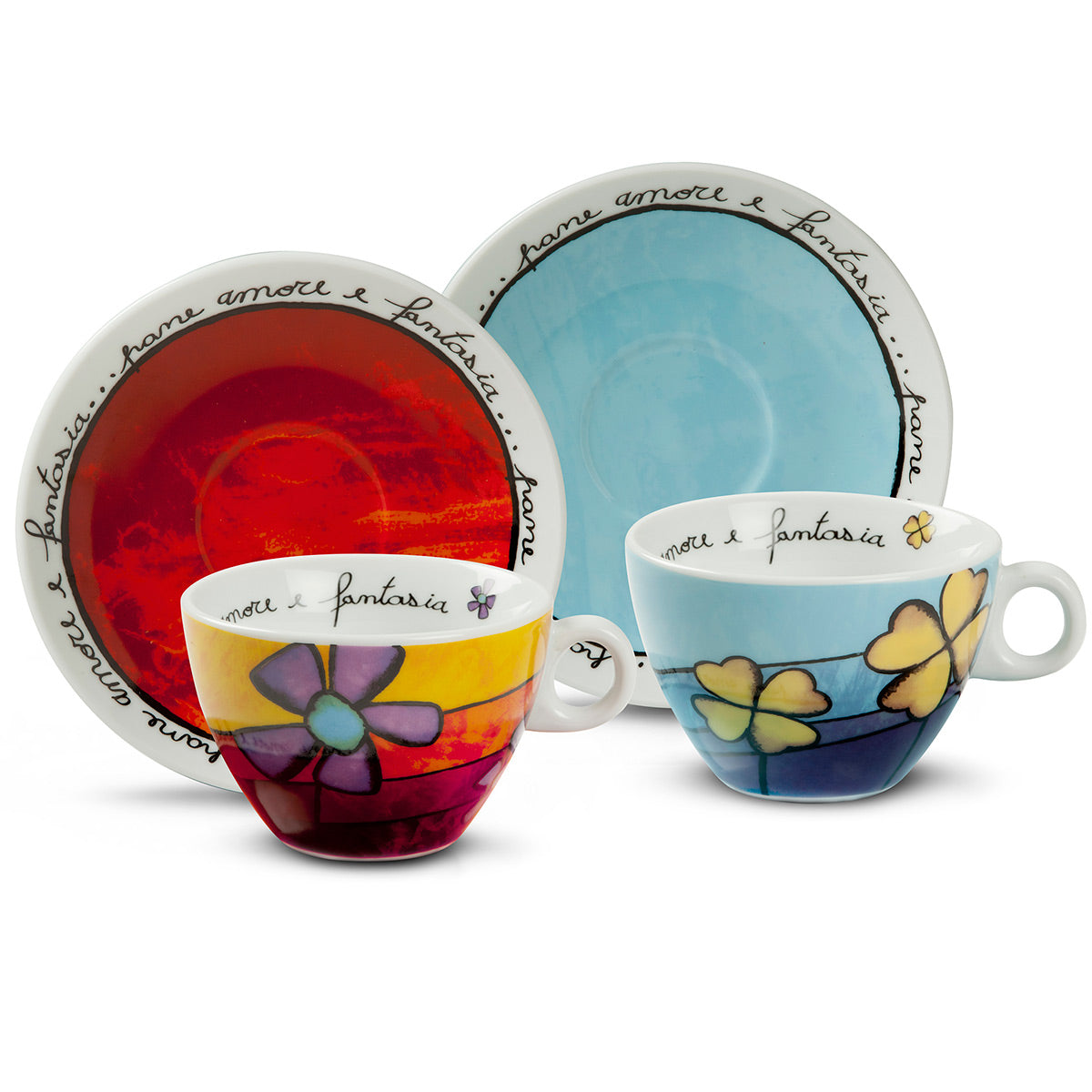 Set 2 tazze cappuccino con piattino in porcellana decorata PANE AMORE E FANTASIA Egan