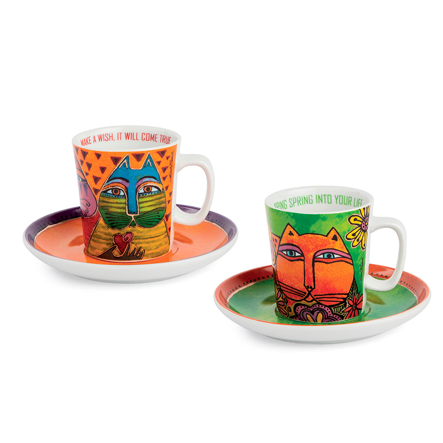 Set 2 tazze caffè con piattino in porcellana decorata LAUREL BURCH FANTASTIC FELINES Egan