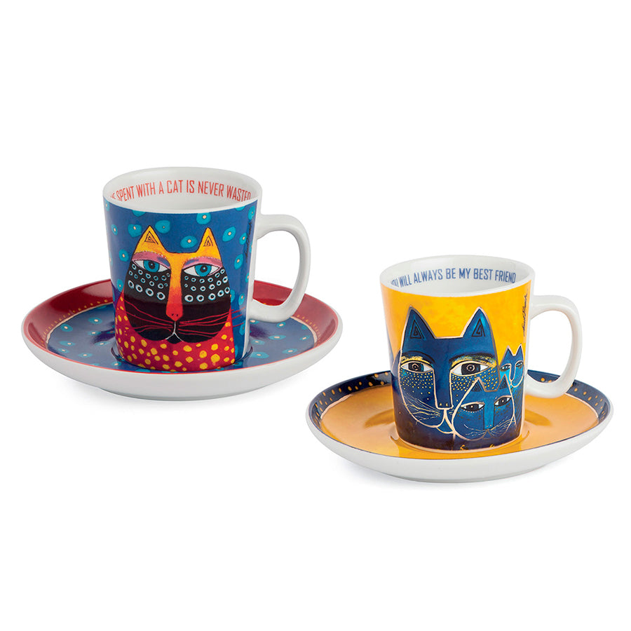 Set 2 tazze caffè con piattino in porcellana decorata LAUREL BURCH FANTASTIC FELINES Egan