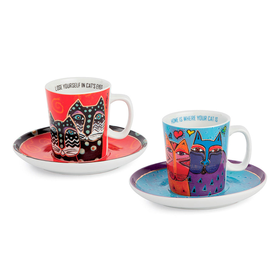 Set 2 tazze caffè con piattino in porcellana decorata LAUREL BURCH FANTASTIC FELINES Egan