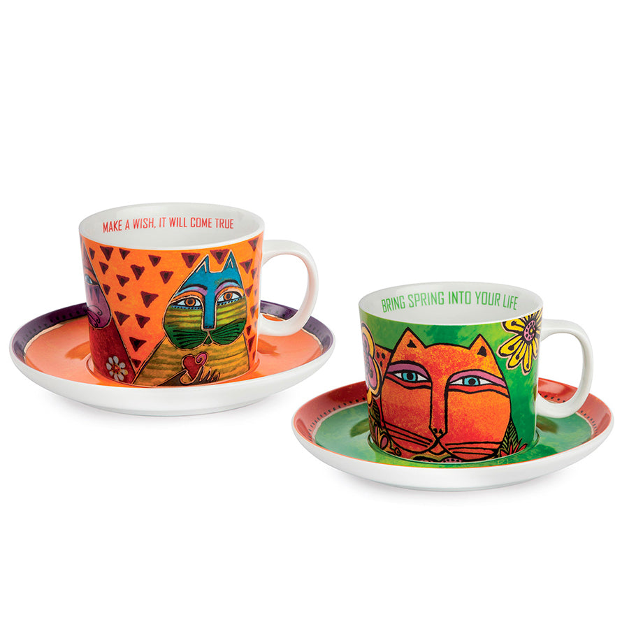 Set 2 tazze cappuccino con piattino in porcellana decorata LAUREL BURCH FANTASTIC FELINES Egan