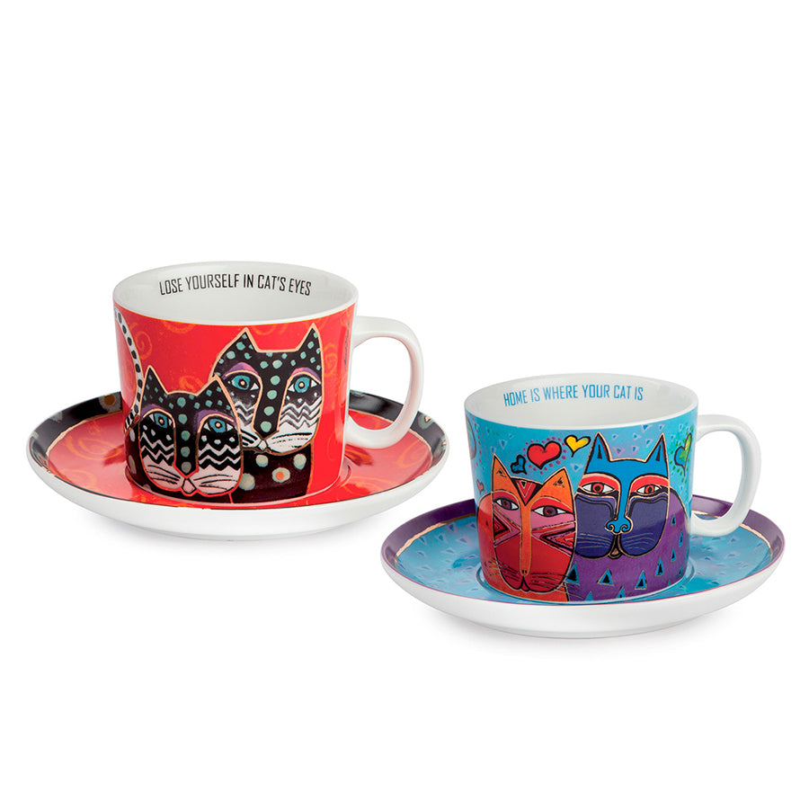 Set 2 tazze cappuccino con piattino in porcellana decorata LAUREL BURCH FANTASTIC FELINES Egan