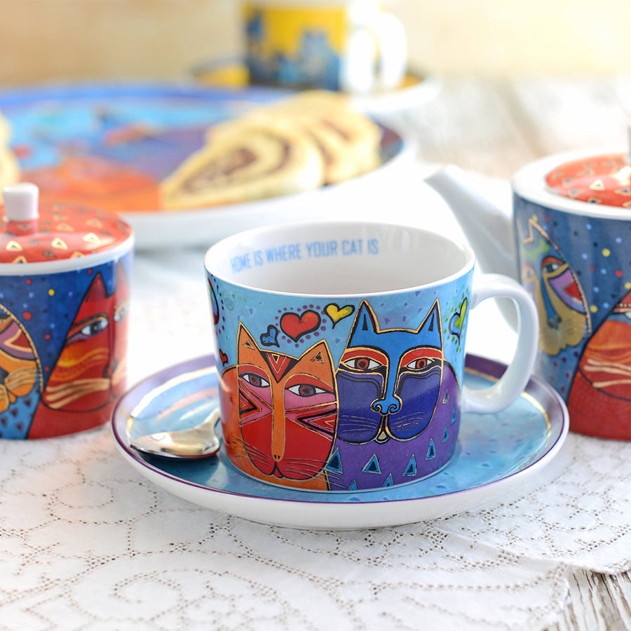 Set 2 tazze cappuccino con piattino in porcellana decorata LAUREL BURCH FANTASTIC FELINES Egan
