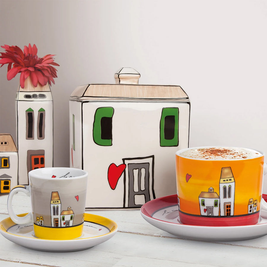 Set 2 tazze caffè con piattino in porcellana decorata LE CASETTE Egan