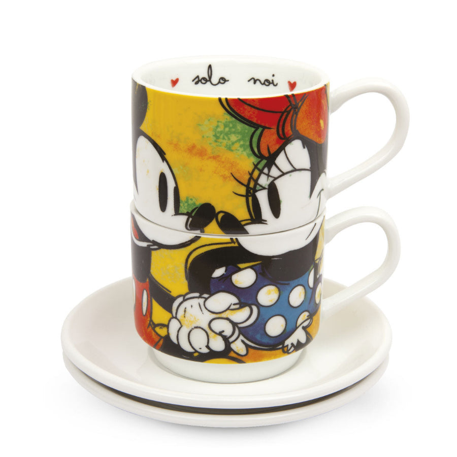 Set 2 tazze caffe' impilabili con piattino in porcellana decorata DISNEY "LOVE SWEET LOVE" Egan