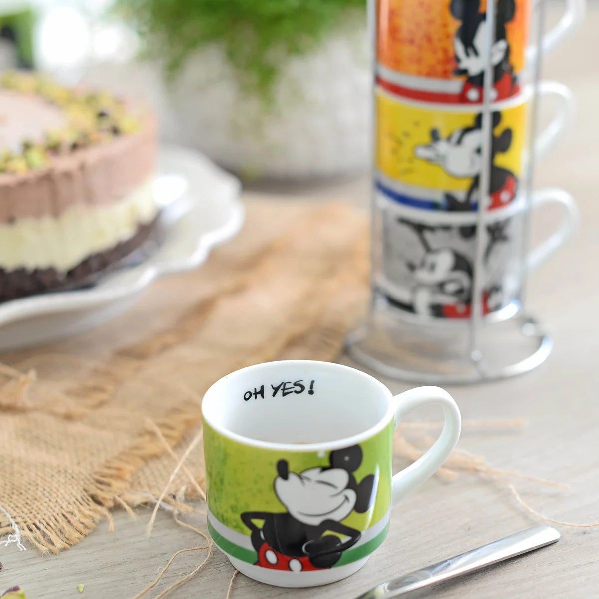 Set 4 tazzine caffè impilabili in porcellana decorata con metalrack Disney Mickey Mouse "I AM!" Egan