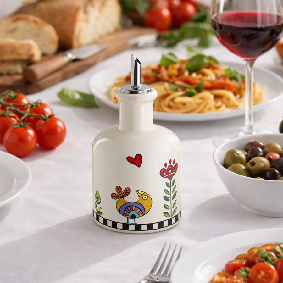 Bottiglia Olio/Aceto in porcellana decorata “Cocoricò” Egan