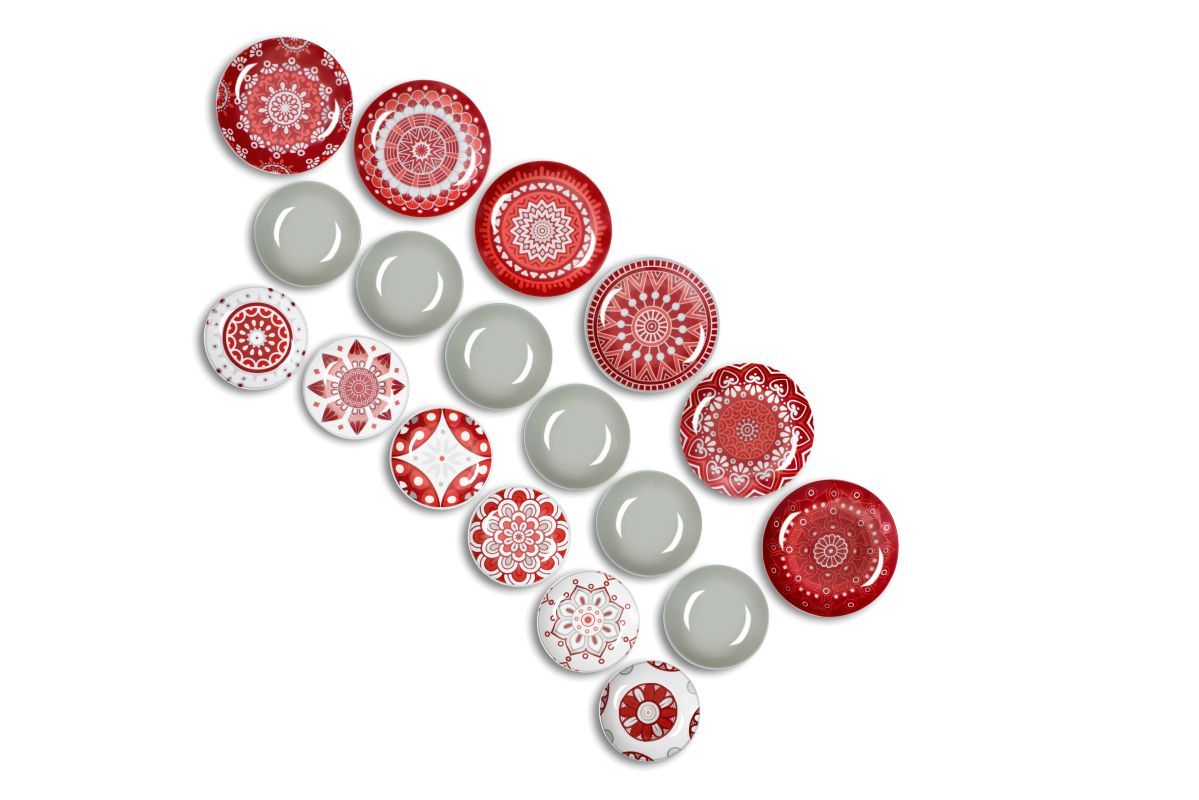 Servizio 18 pz piatti in porcellana decorata Excelsa MANDALA RED