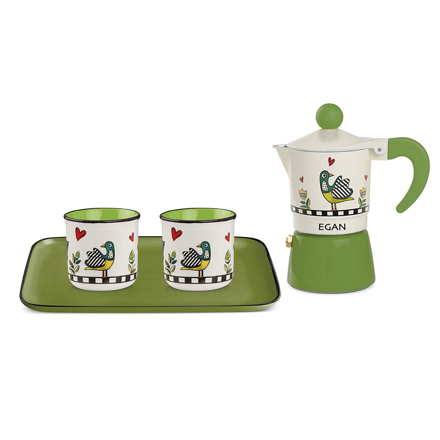 Set Vassoio con 2 Bicchierini caffè in porcellana decorata e Caffettiera moka in alluminio "COCORICO'" Egan