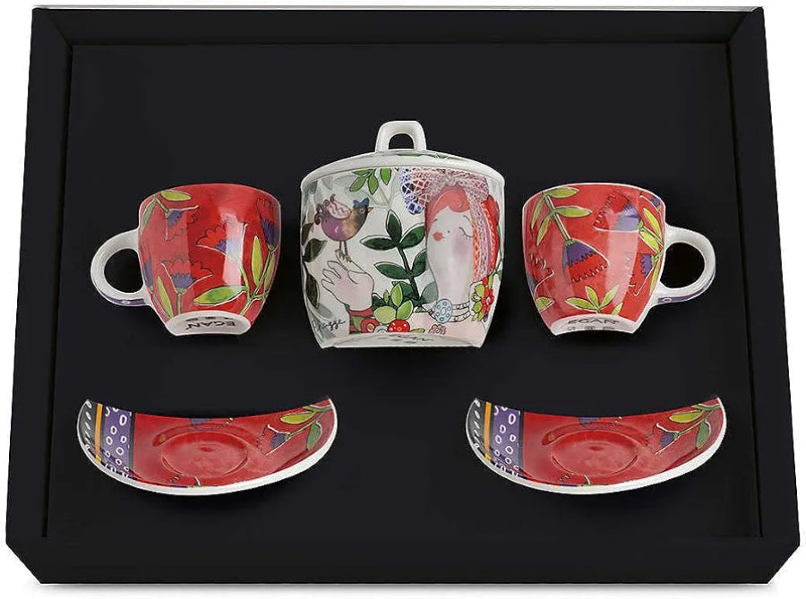 Set 2 tazze caffè con zuccheriera in porcellana decorata "LE PUPAZZE" Egan