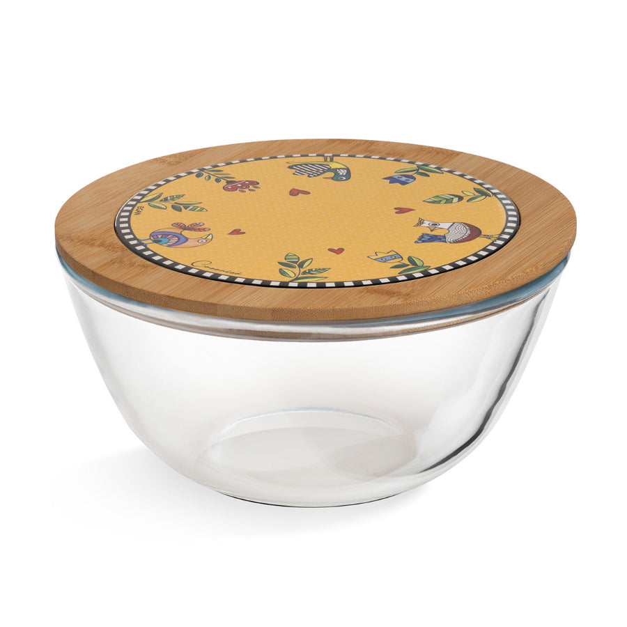 Insalatiera in vetro con coperchio in bamboo e ceramica decorata "COCORICO'" Egan