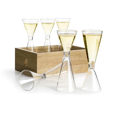 Set 6 bicchierini grappa in vetro con vassoio/box in legno Sagaform 7 PEZZI