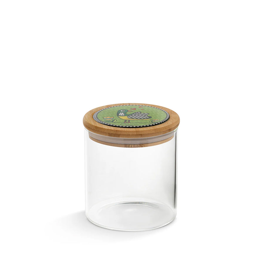Barattolo in vetro borosilicato e coperchio in bamboo e ceramica decorata "COCORICO'"Egan