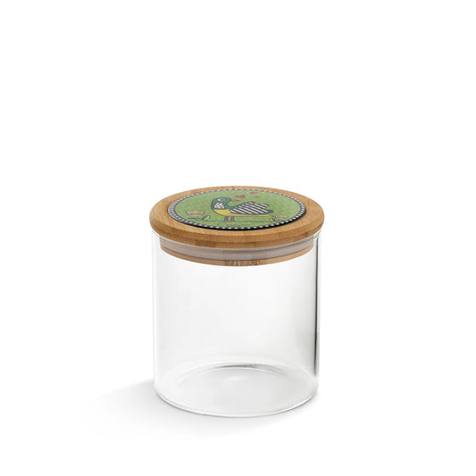 Barattolo in vetro borosilicato e coperchio in bamboo e ceramica decorata "COCORICO'"Egan