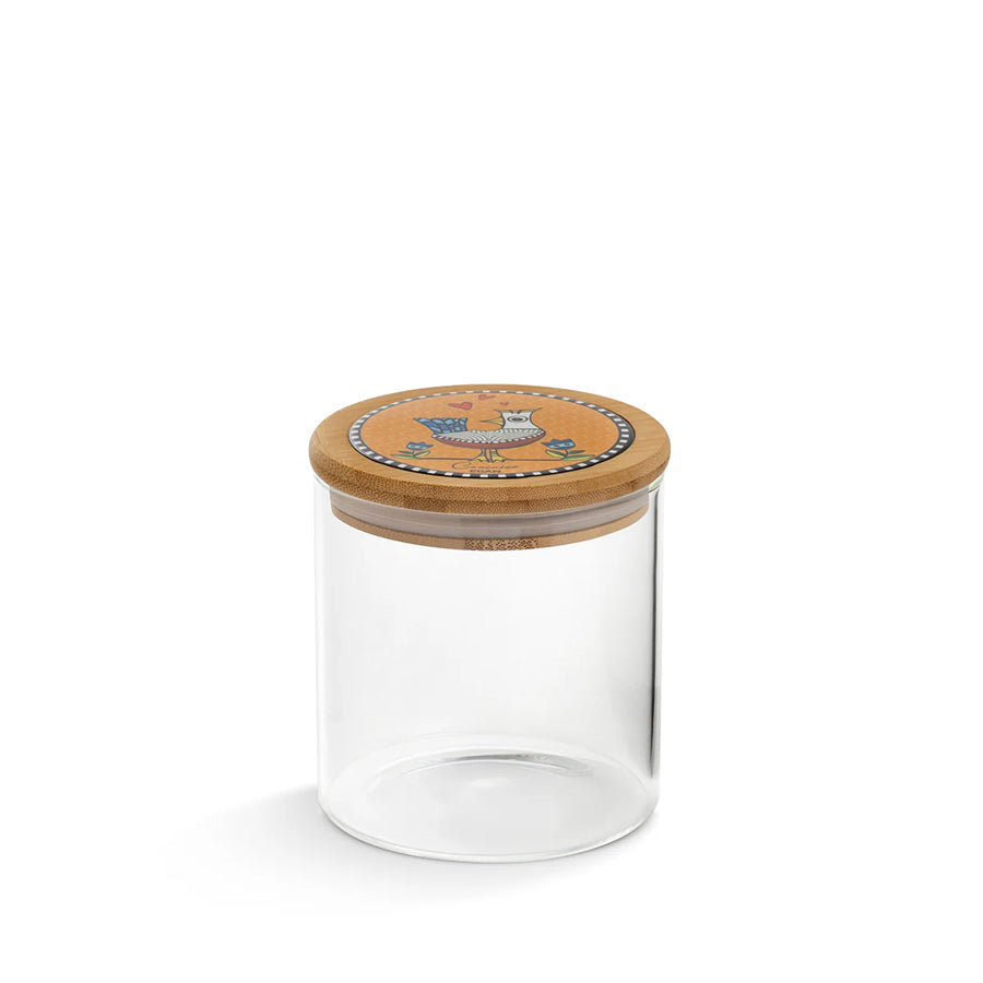 Barattolo in vetro borosilicato e coperchio in bamboo e ceramica decorata "COCORICO'"Egan