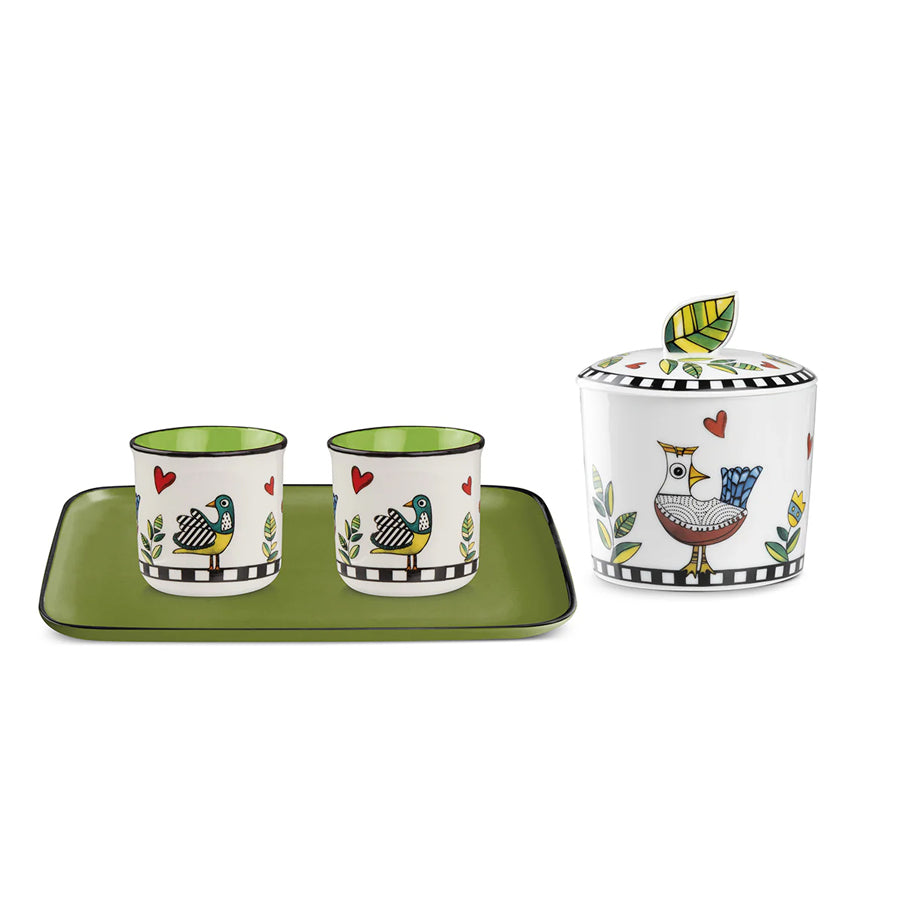 Set Vassoio con 2 Bicchierini e Zuccheriera in porcellana decorata "COCORICO'" Egan