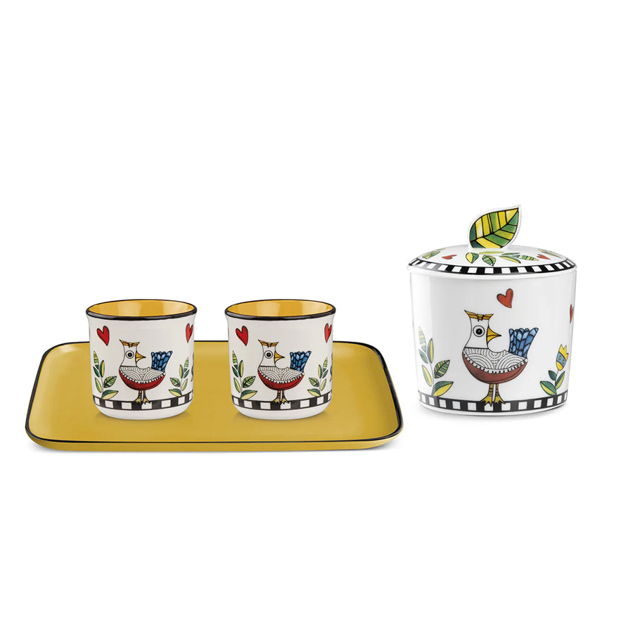 Set Vassoio con 2 Bicchierini e Zuccheriera in porcellana decorata "COCORICO'" Egan