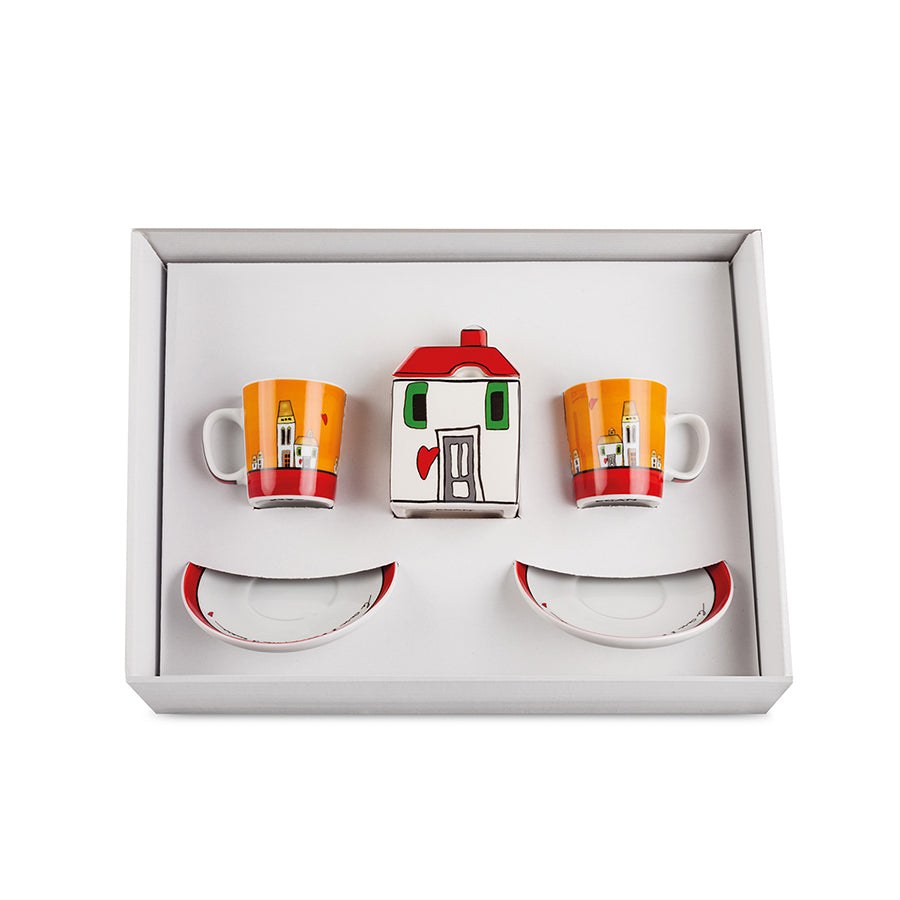 Set 2 Tazze caffè e zuccheriera in porcellana decorata LE CASETTE Egan