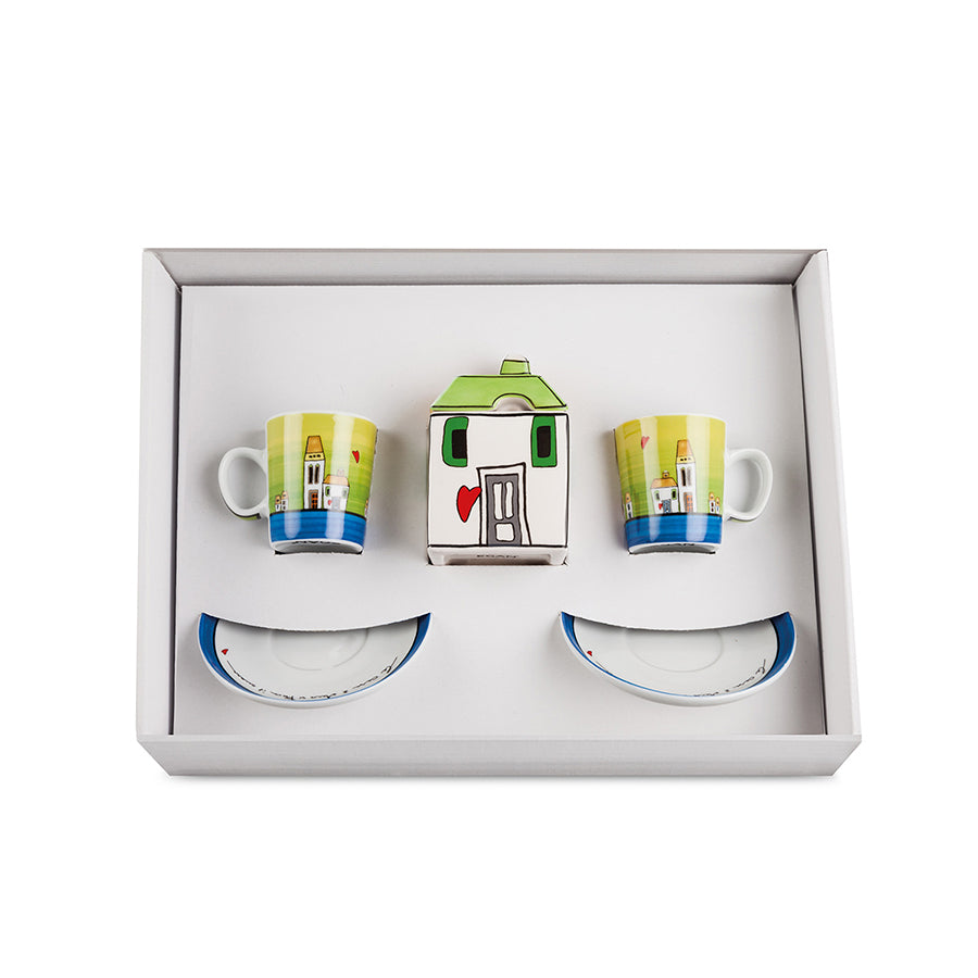 Set 2 Tazze caffè e zuccheriera in porcellana decorata LE CASETTE Egan