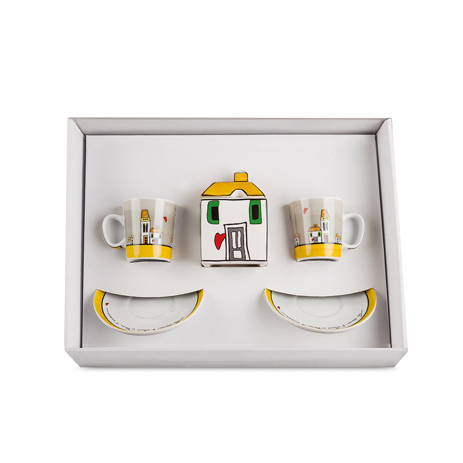 Set 2 Tazze caffè e zuccheriera in porcellana decorata LE CASETTE Egan