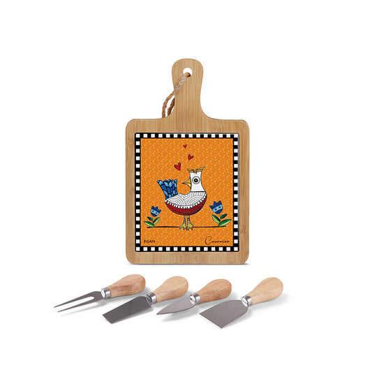 Set Tagliere e Coltelli da formaggio in legno, ceramica e acciaio "COCORICO'" Egan