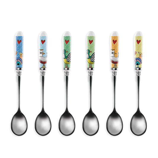 Set 6 Cucchiaini in acciaio e ceramica decorata "COCORICO'" Egan