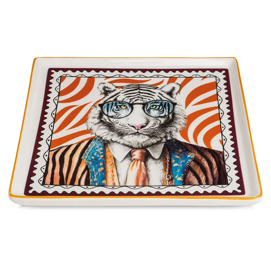 Vassoio quadrato in porcellana decorata Tigre HUMAN ESSENCE “COURAGE” Egan