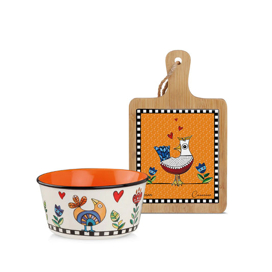 Set Tagliere in bamboo e ceramica + Bowl in porcellana decorata "COCORICO'" Egan